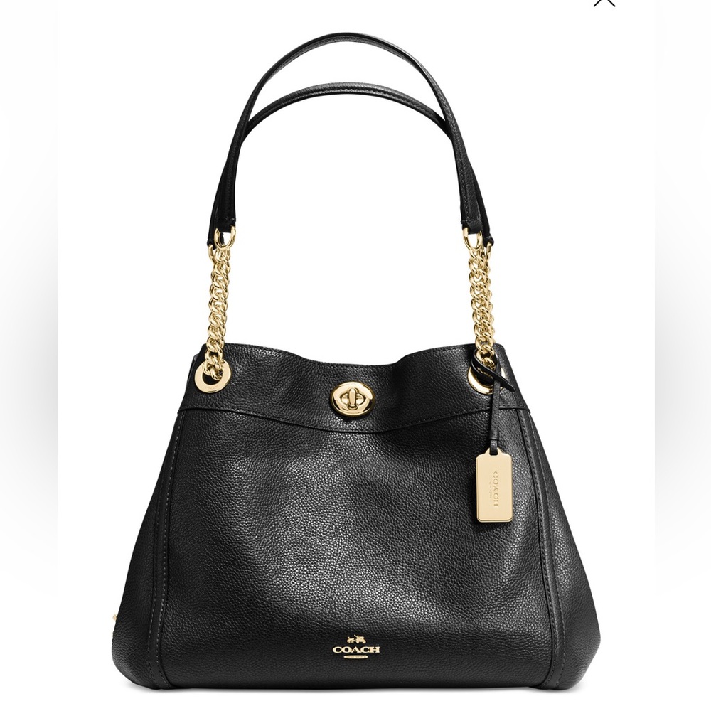 Coach Edie Turnlock Black Pebbled Leather Shoulder Bag with Gold Accents NWT